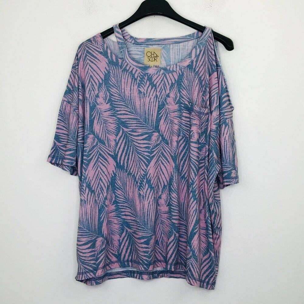Chaser Women's 2X T-Shirt Blue Pink Palm Print Pocket Asymmetric Cut Out BR27